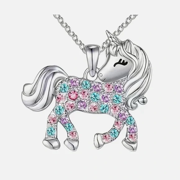 Silver Rhinestone Unicorn Pendant Necklace - Picture 1 of 3